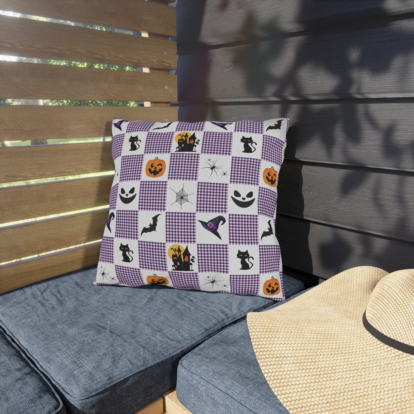 Halloween Purple Checked Outdoor Pillows