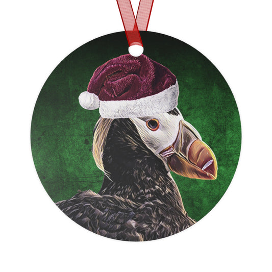 Holiday Tufted Puffin with Santa Hat Metal Ornaments