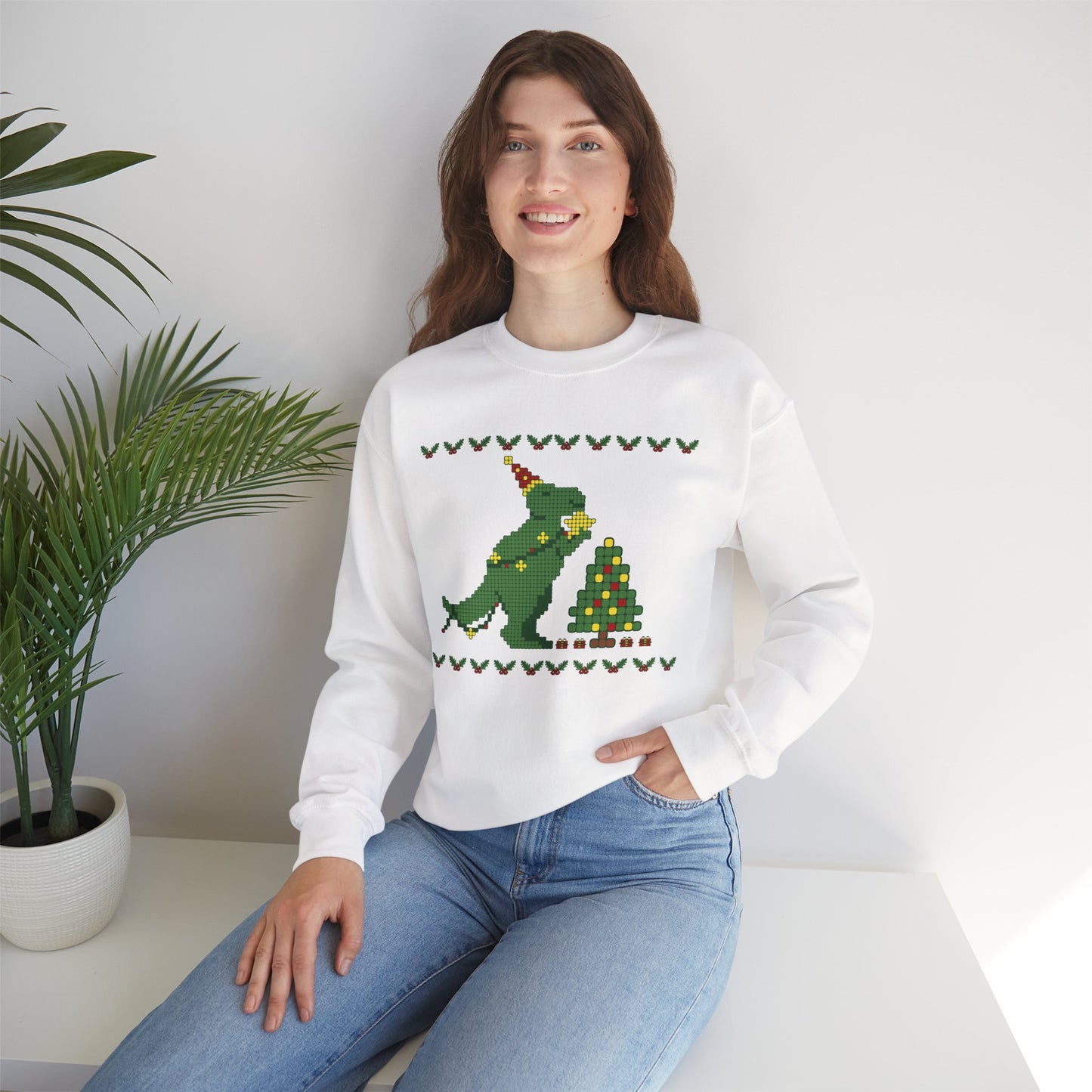 Dinosaur Christmas Tree Cross Stitch Crewneck Sweatshirt