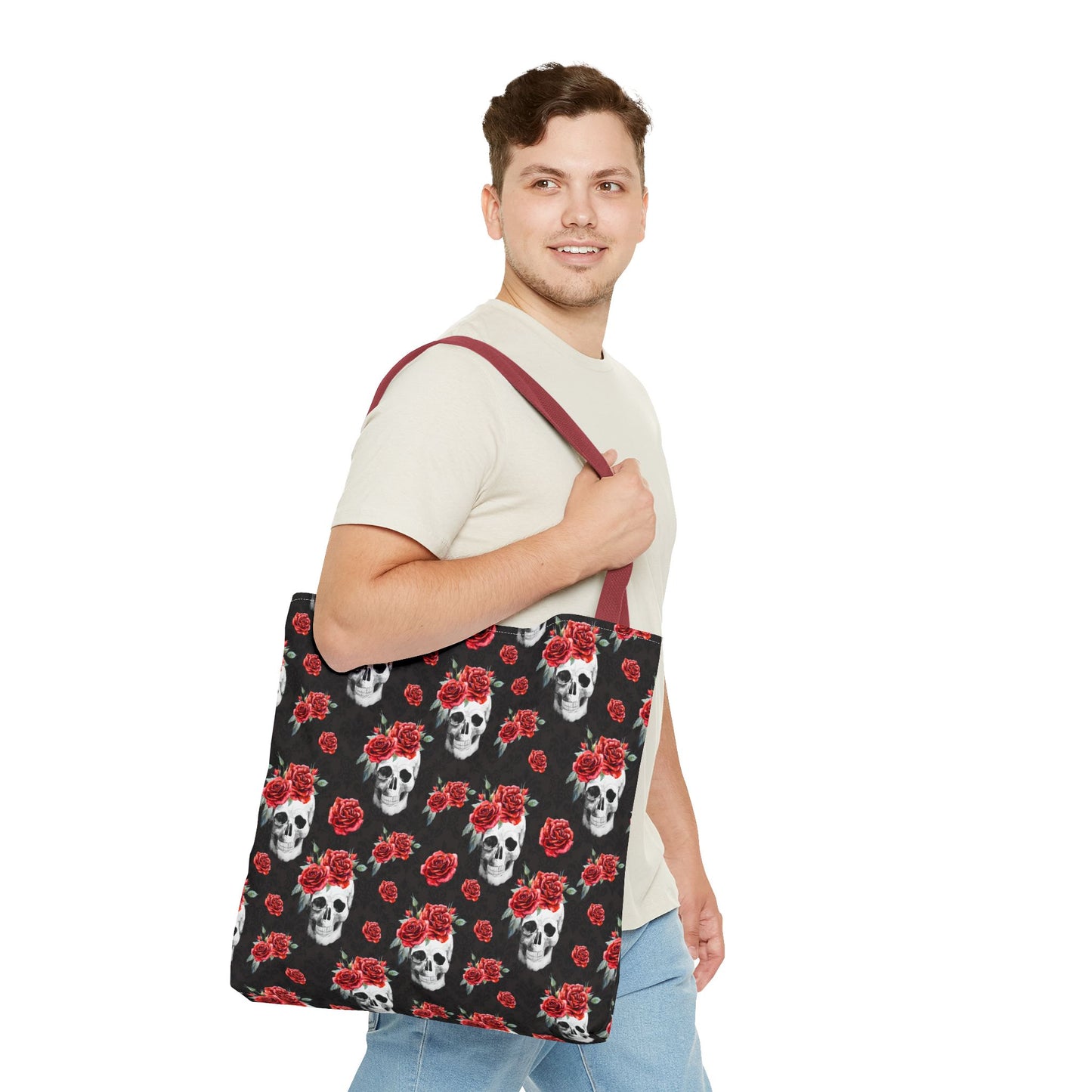 Red Rose and Skull Damask Tote Bag