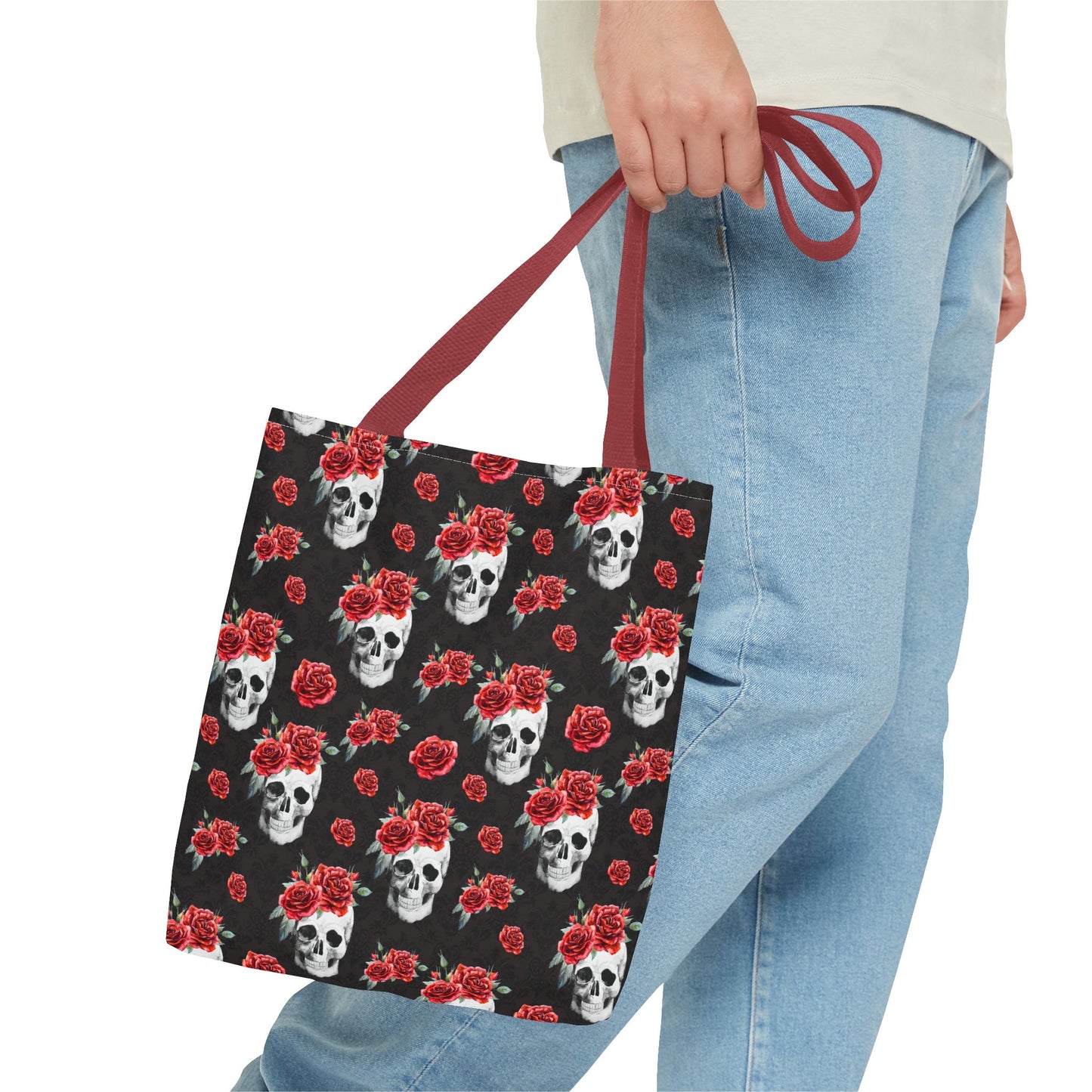 Red Rose and Skull Damask Tote Bag