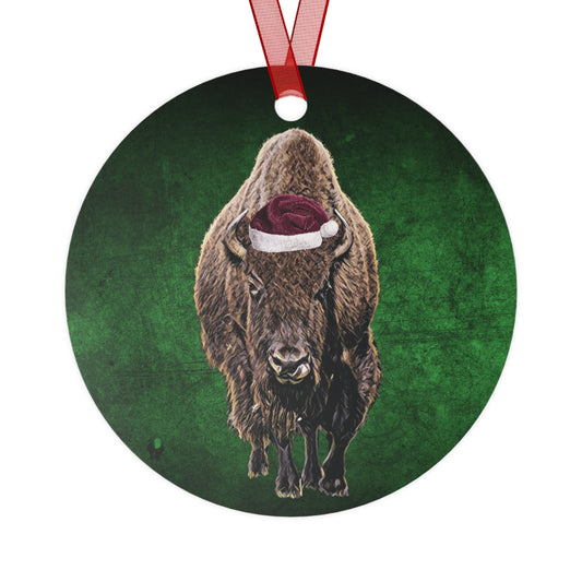 Holiday Bison (Buffalo) with Santa Hat Metal Ornaments