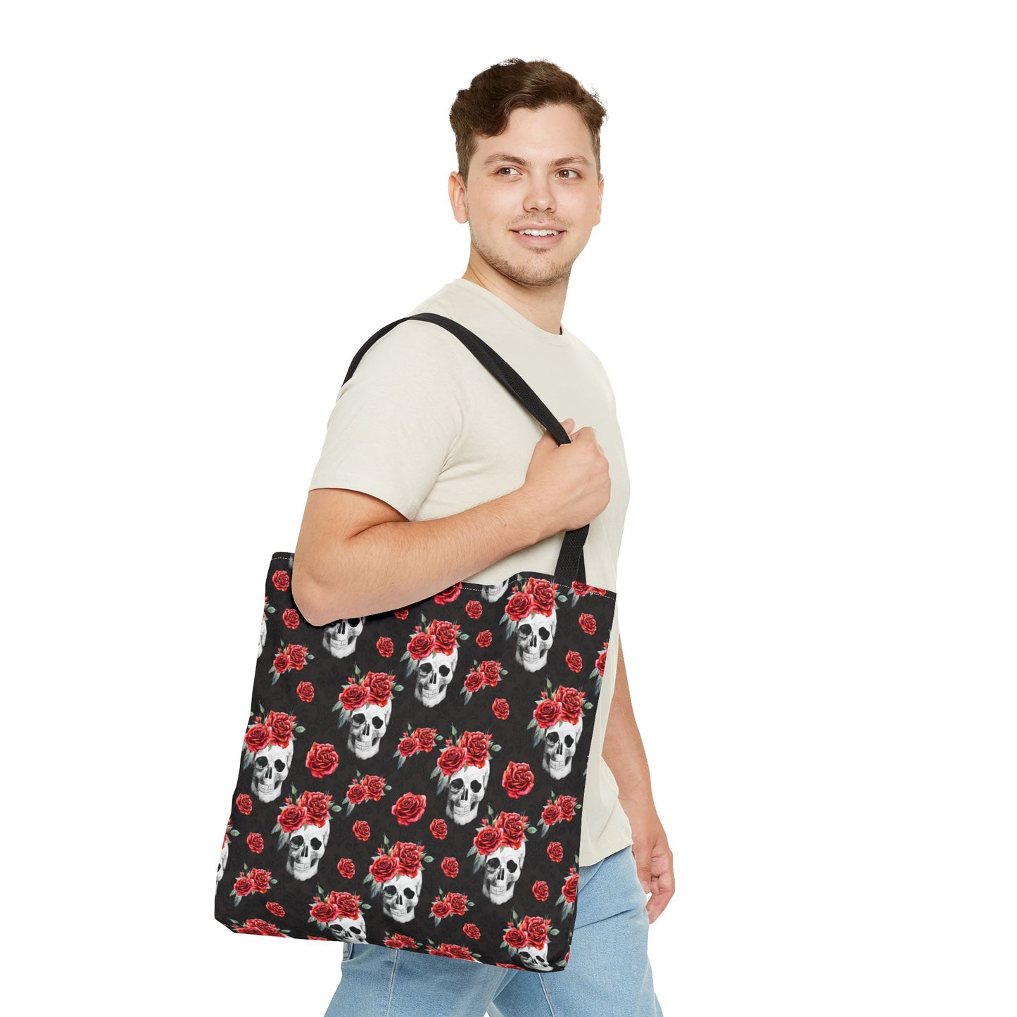 Red Rose and Skull Damask Tote Bag