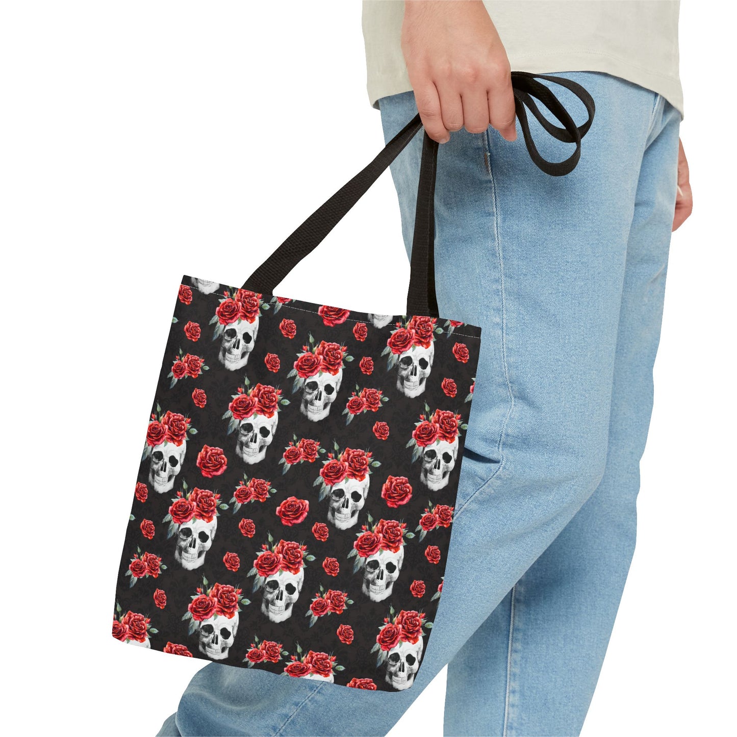 Red Rose and Skull Damask Tote Bag