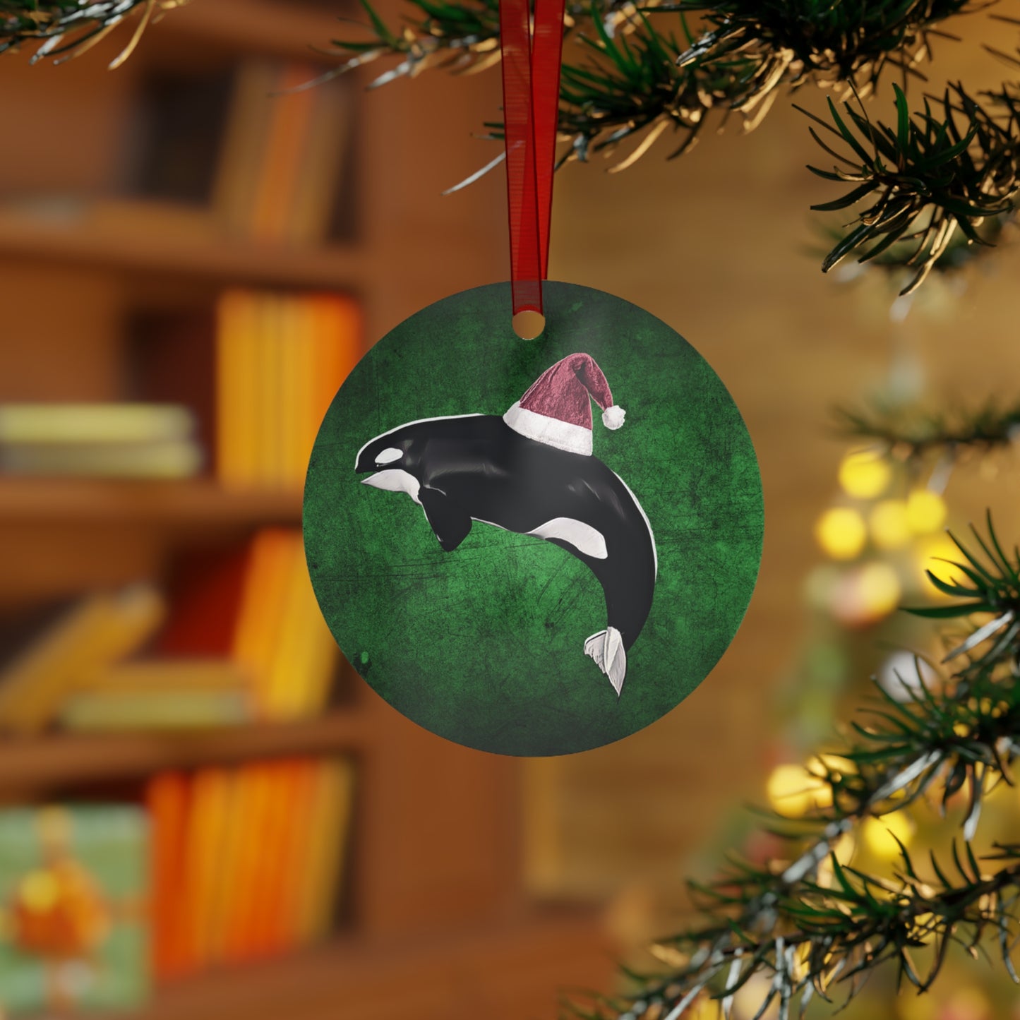 Holiday Orca (Killer Whale) with Santa Hat Metal Ornaments