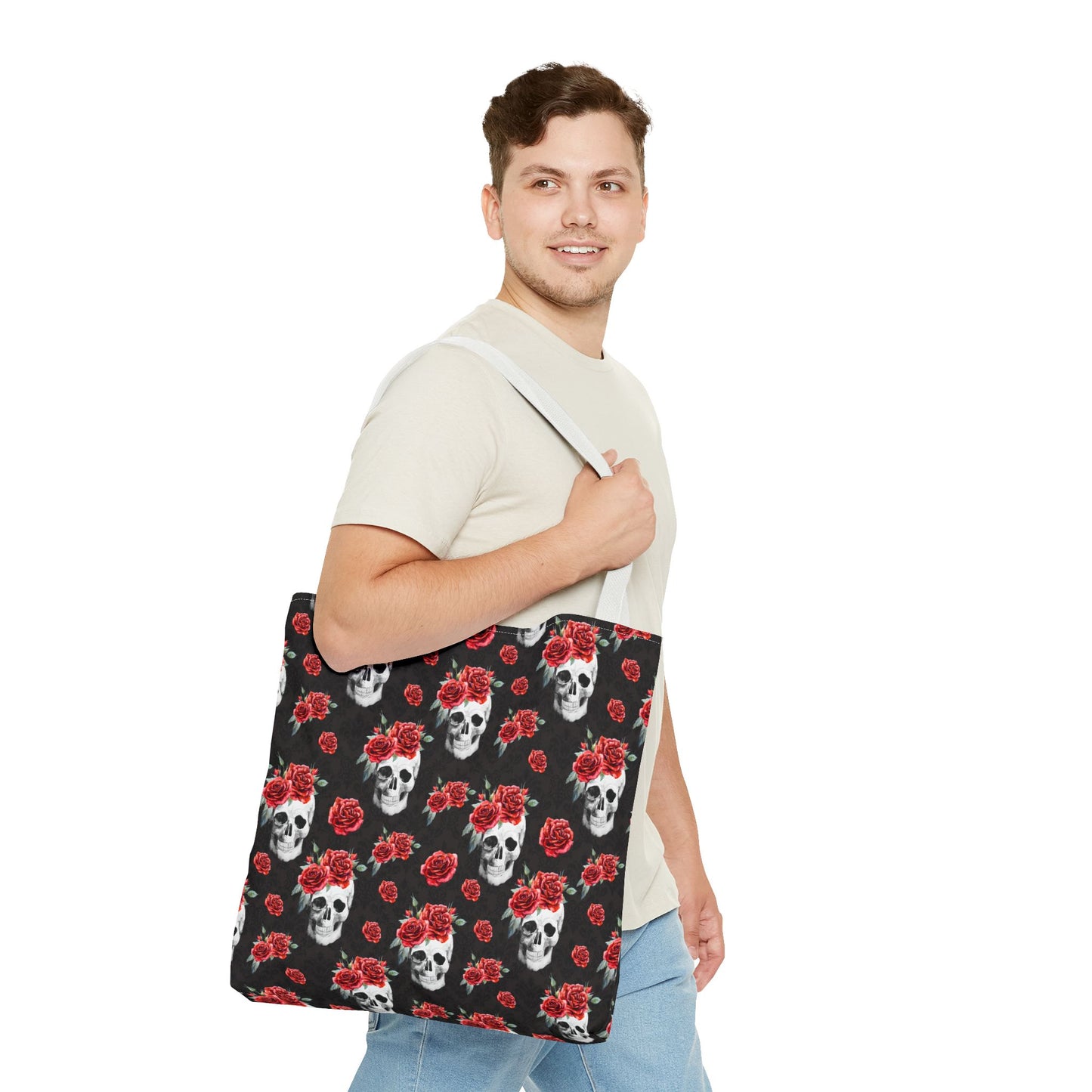 Red Rose and Skull Damask Tote Bag