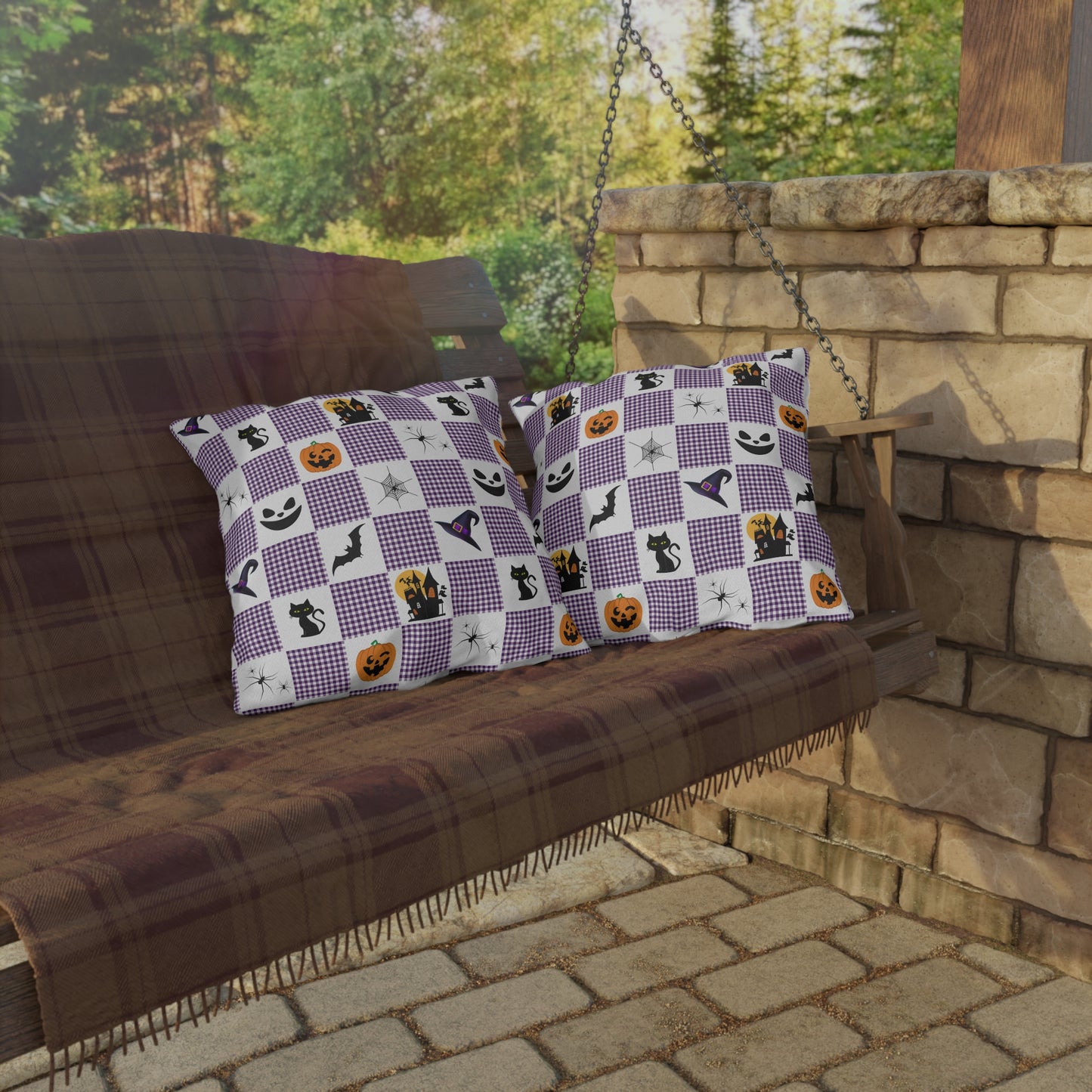 Halloween Purple Checked Outdoor Pillows