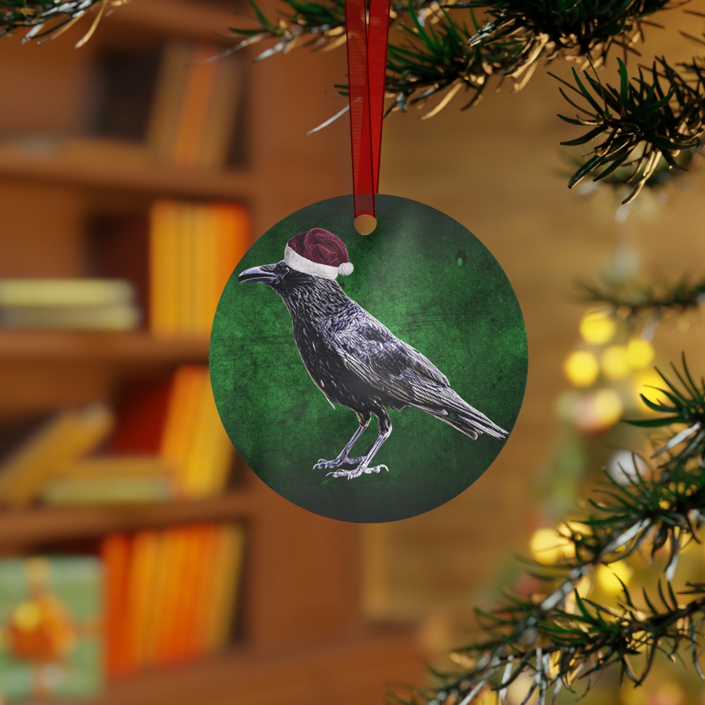 Holiday Raven with Santa Hat Metal Ornaments