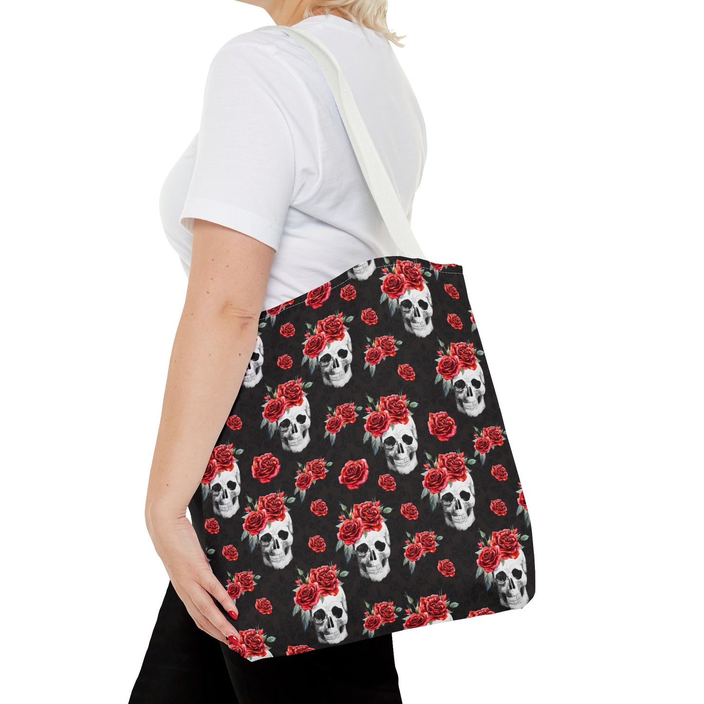 Red Rose and Skull Damask Tote Bag