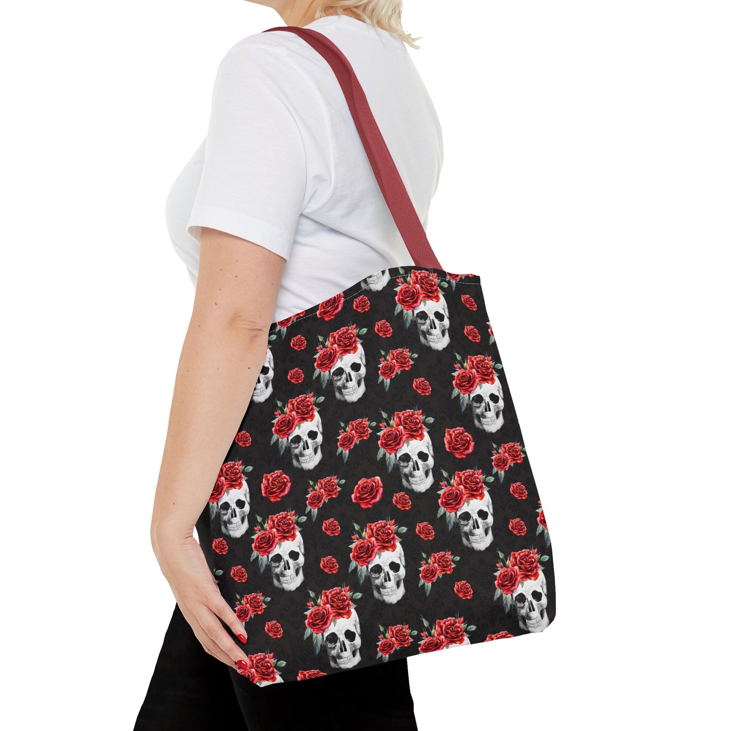 Red Rose and Skull Damask Tote Bag