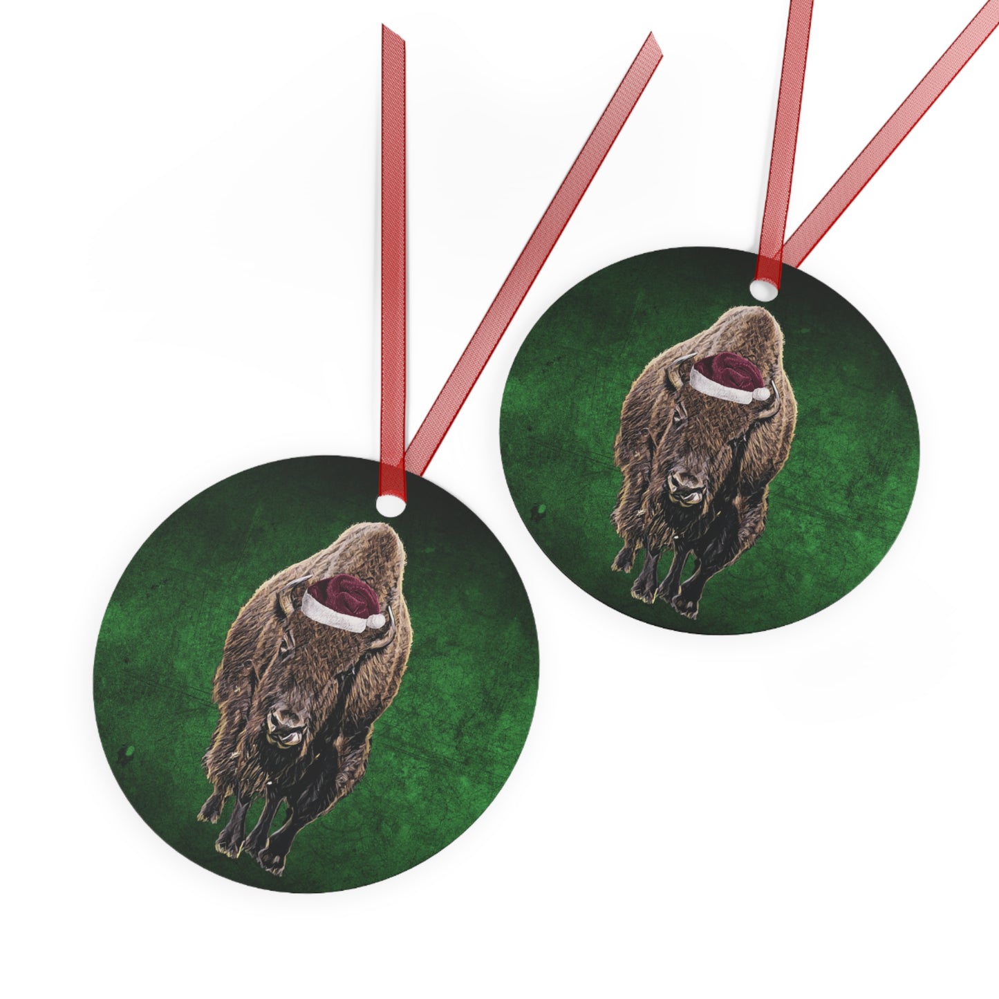Holiday Bison (Buffalo) with Santa Hat Metal Ornaments