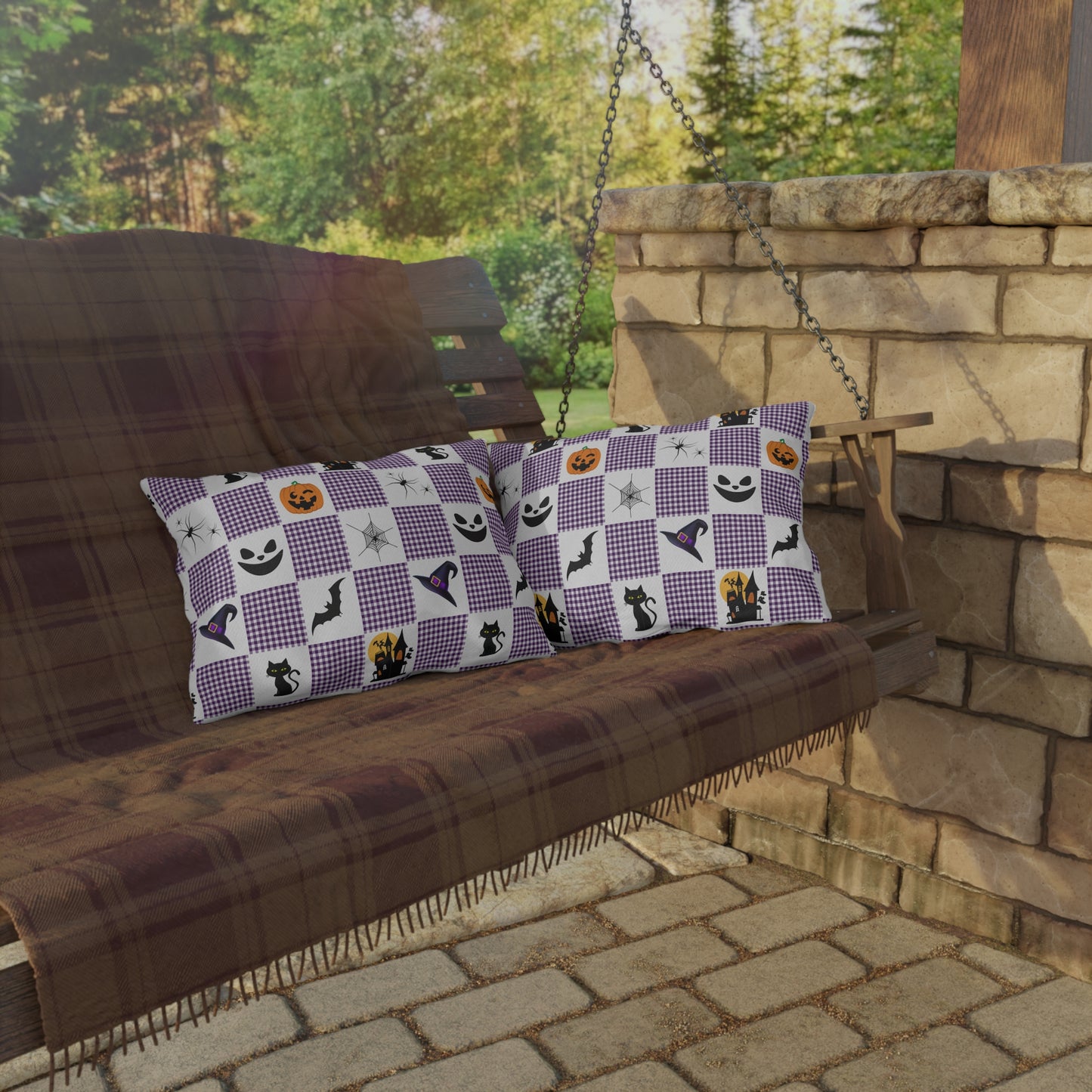 Halloween Purple Checked Outdoor Pillows