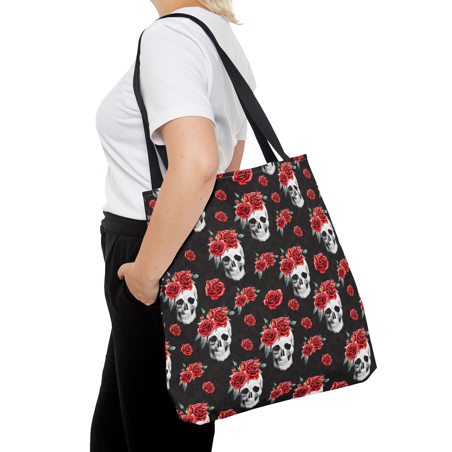 Red Rose and Skull Damask Tote Bag