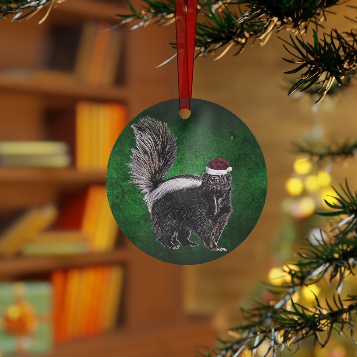 Holiday Skunk with Santa Hat Metal Ornaments