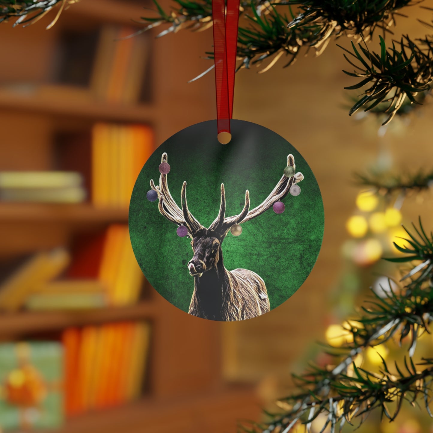Holiday Elk with Holiday Balls Metal Ornaments