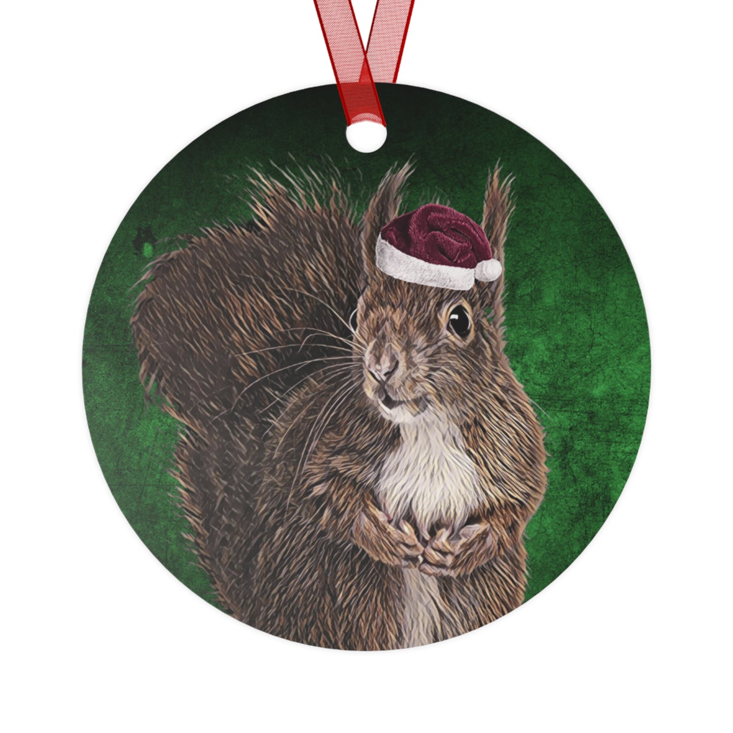 Holiday Squirrel with Santa Hat Metal Ornaments