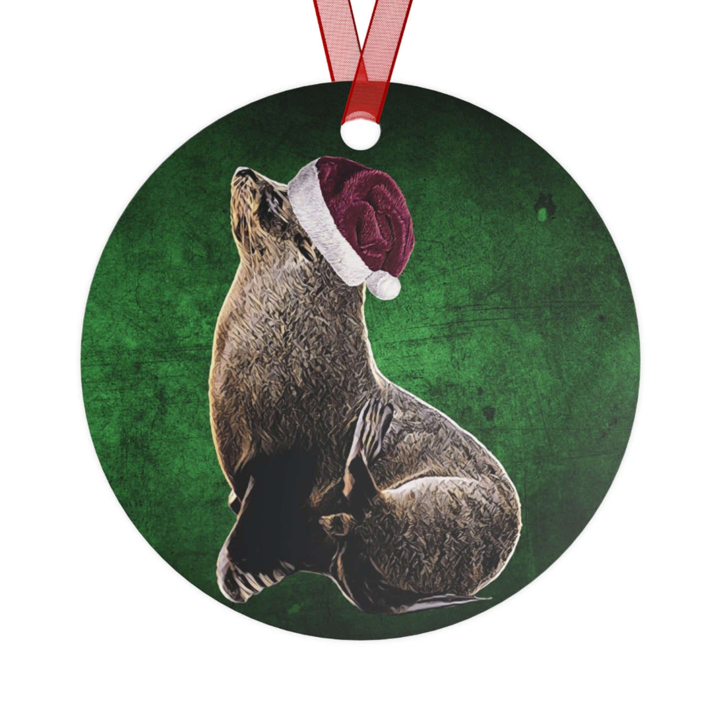 Holiday Sea Lion with Santa Hat Metal Ornaments