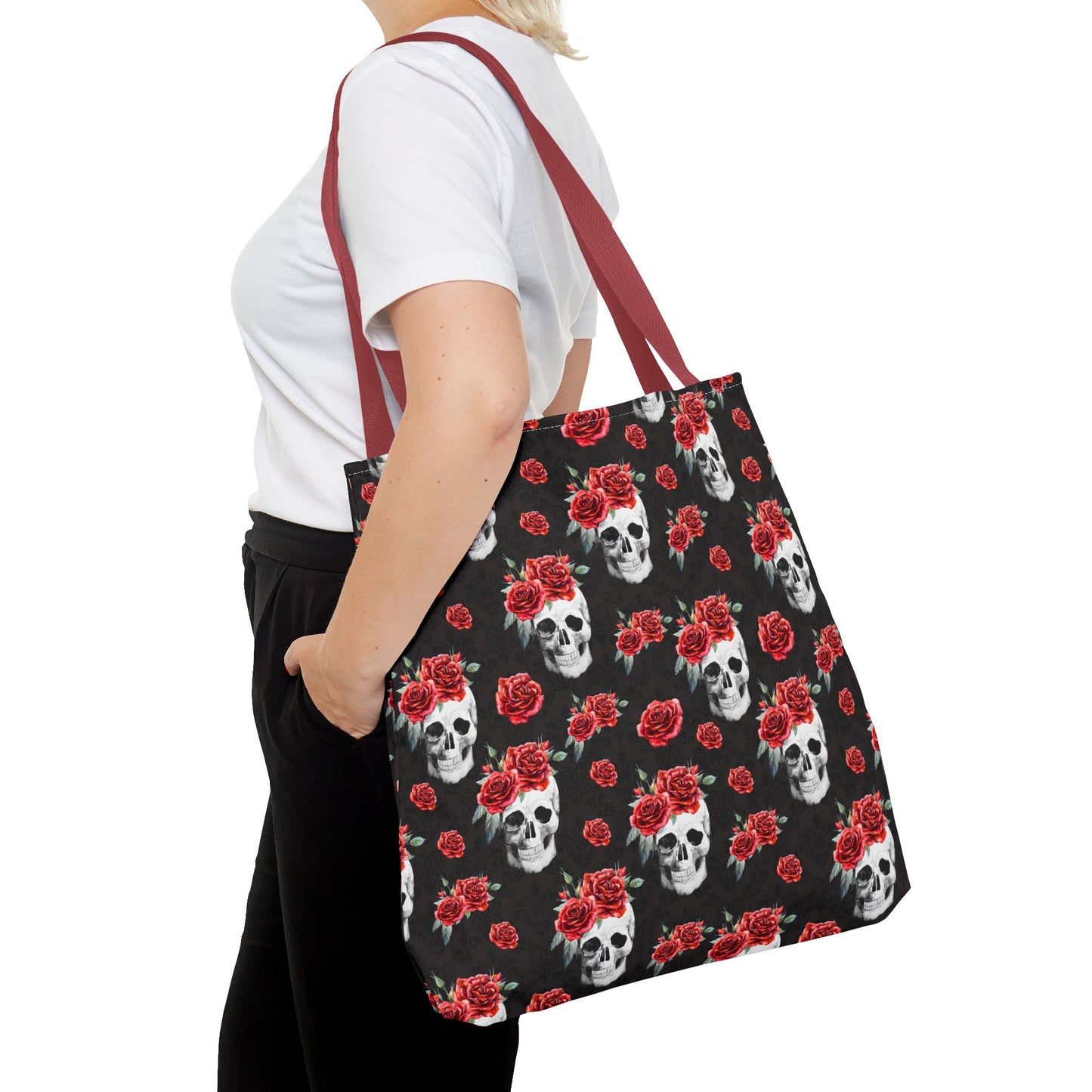 Red Rose and Skull Damask Tote Bag