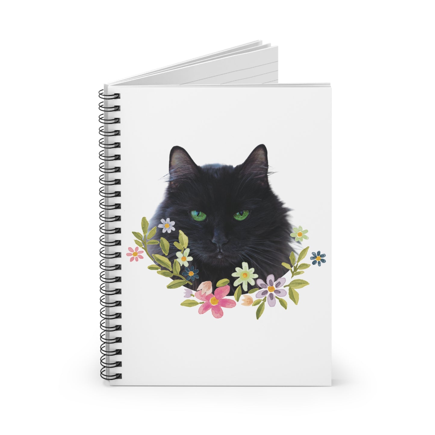 Floral Green Eyed Cat Spiral Notebook - Ruled Line