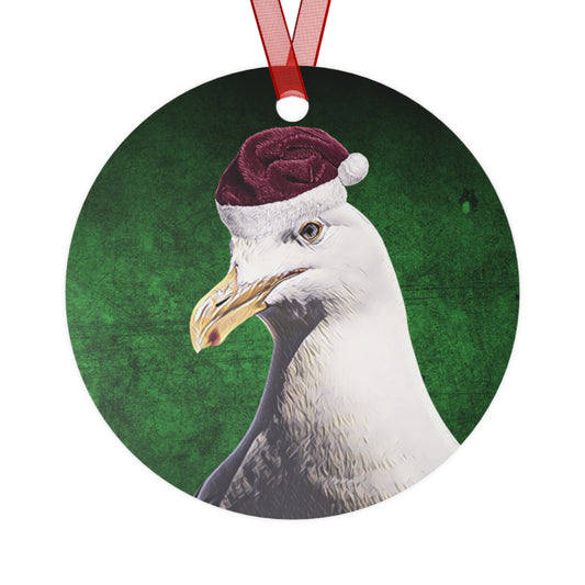 Holiday California Gull (Seagull) with Santa Hat Metal Ornaments