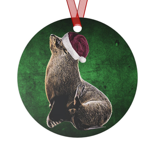 Holiday Sea Lion with Santa Hat Metal Ornaments