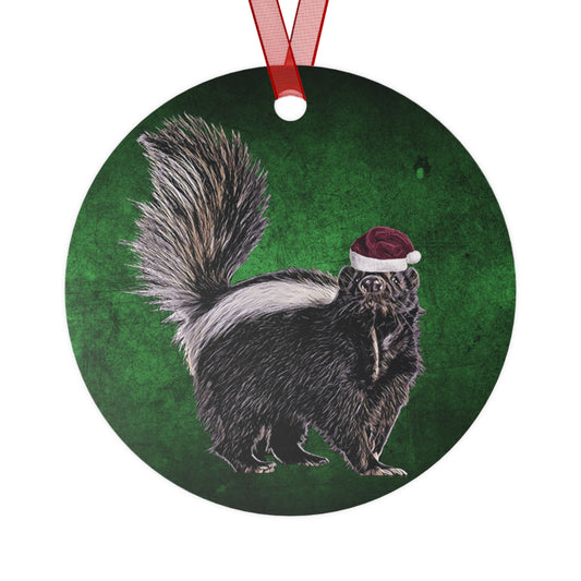 Holiday Skunk with Santa Hat Metal Ornaments