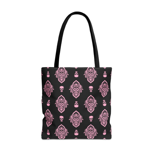 PInk and Black Skull Damask Tote Bag