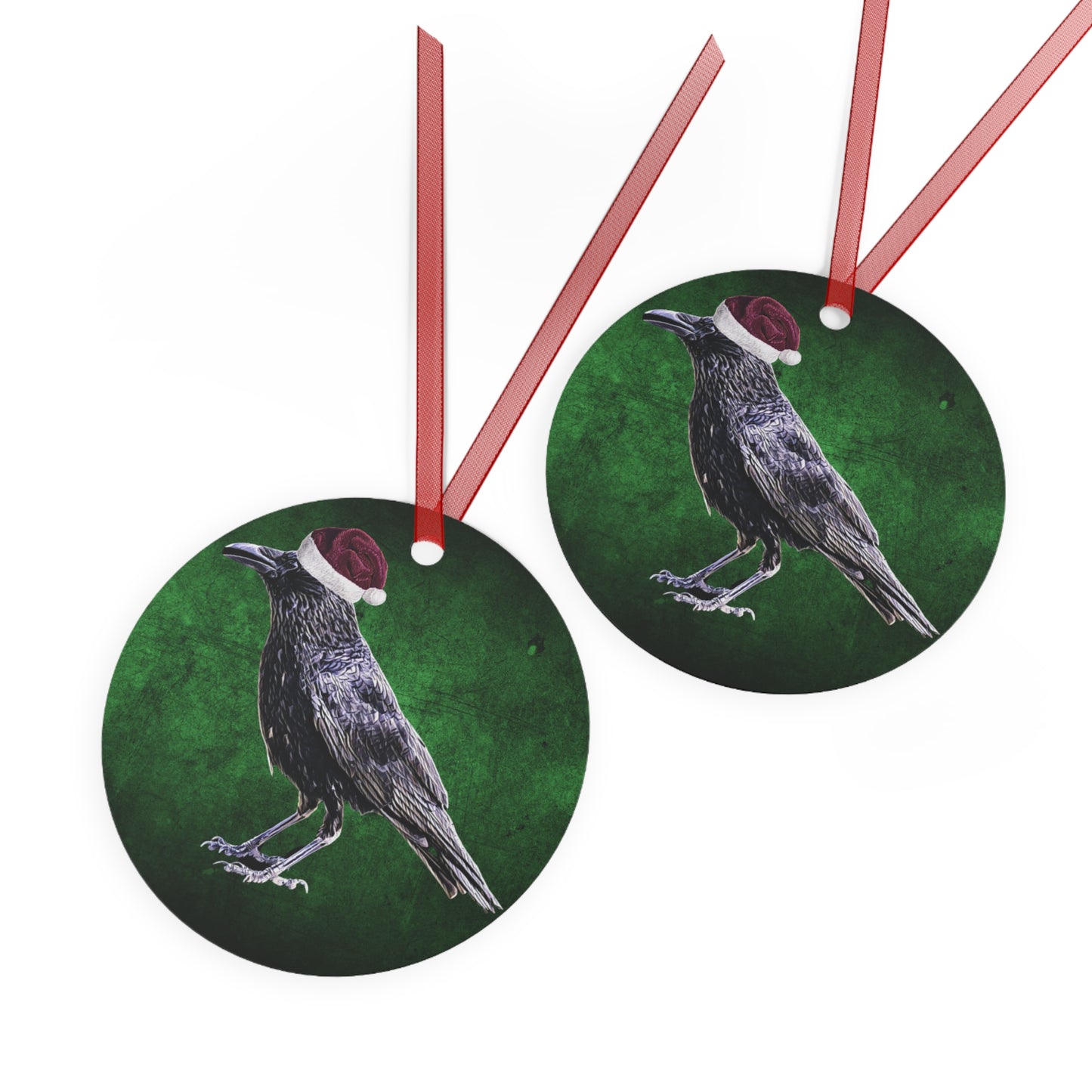 Holiday Raven with Santa Hat Metal Ornaments