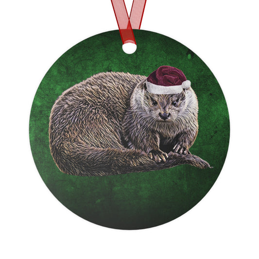 Holiday River Otter with Santa Hat Metal Ornaments