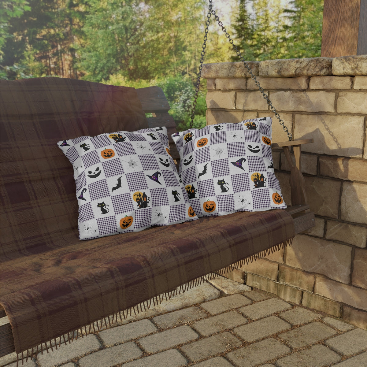 Halloween Purple Checked Outdoor Pillows