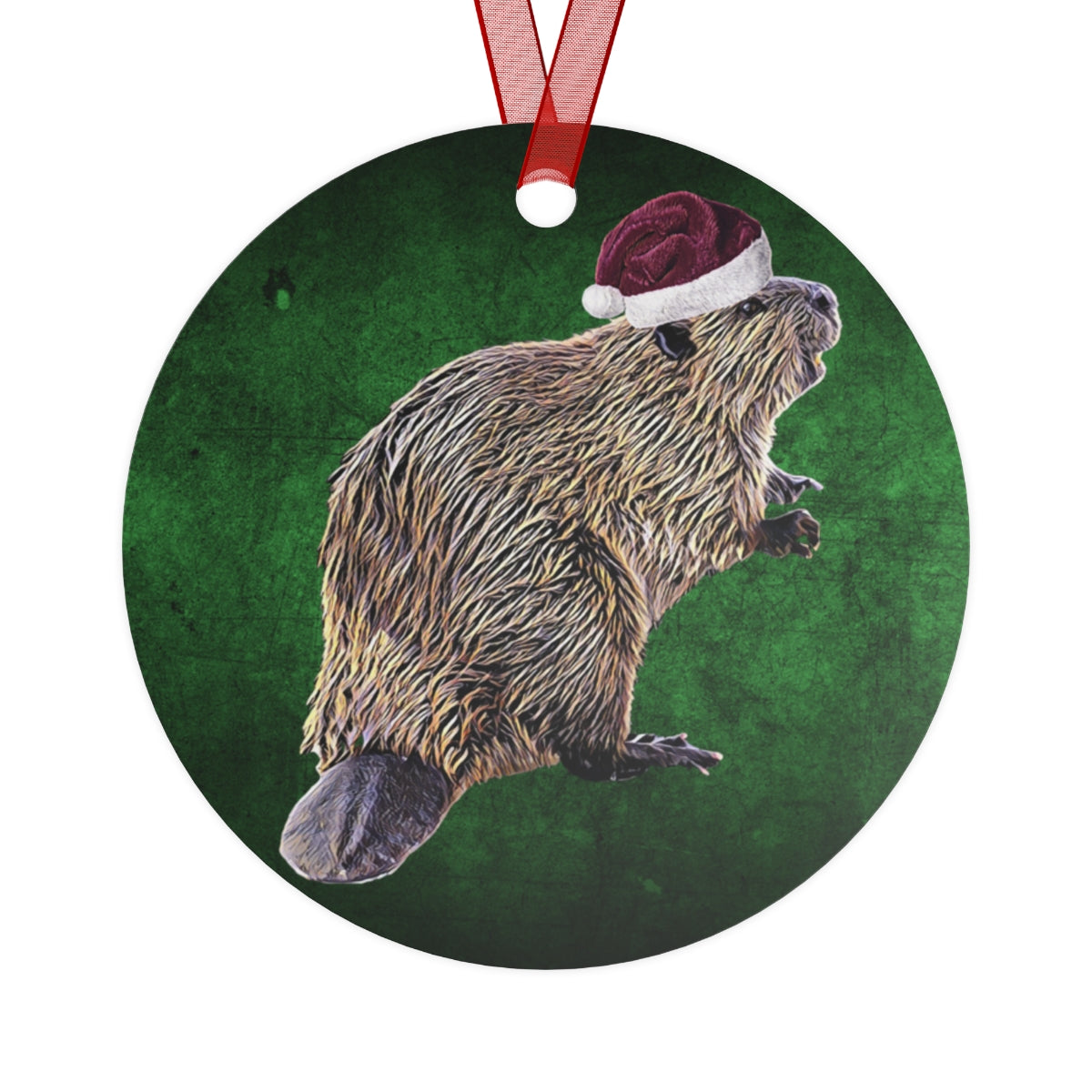 Holiday Beaver with Santa Hat Metal Ornaments