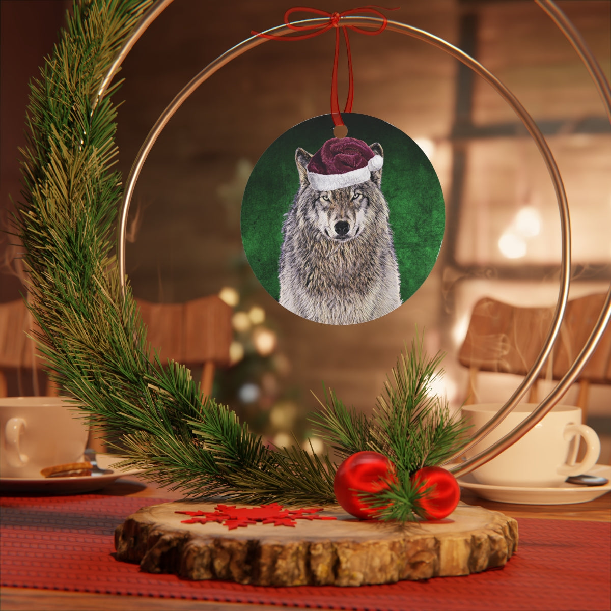 Holiday Wolf with Santa Hat Metal Ornaments