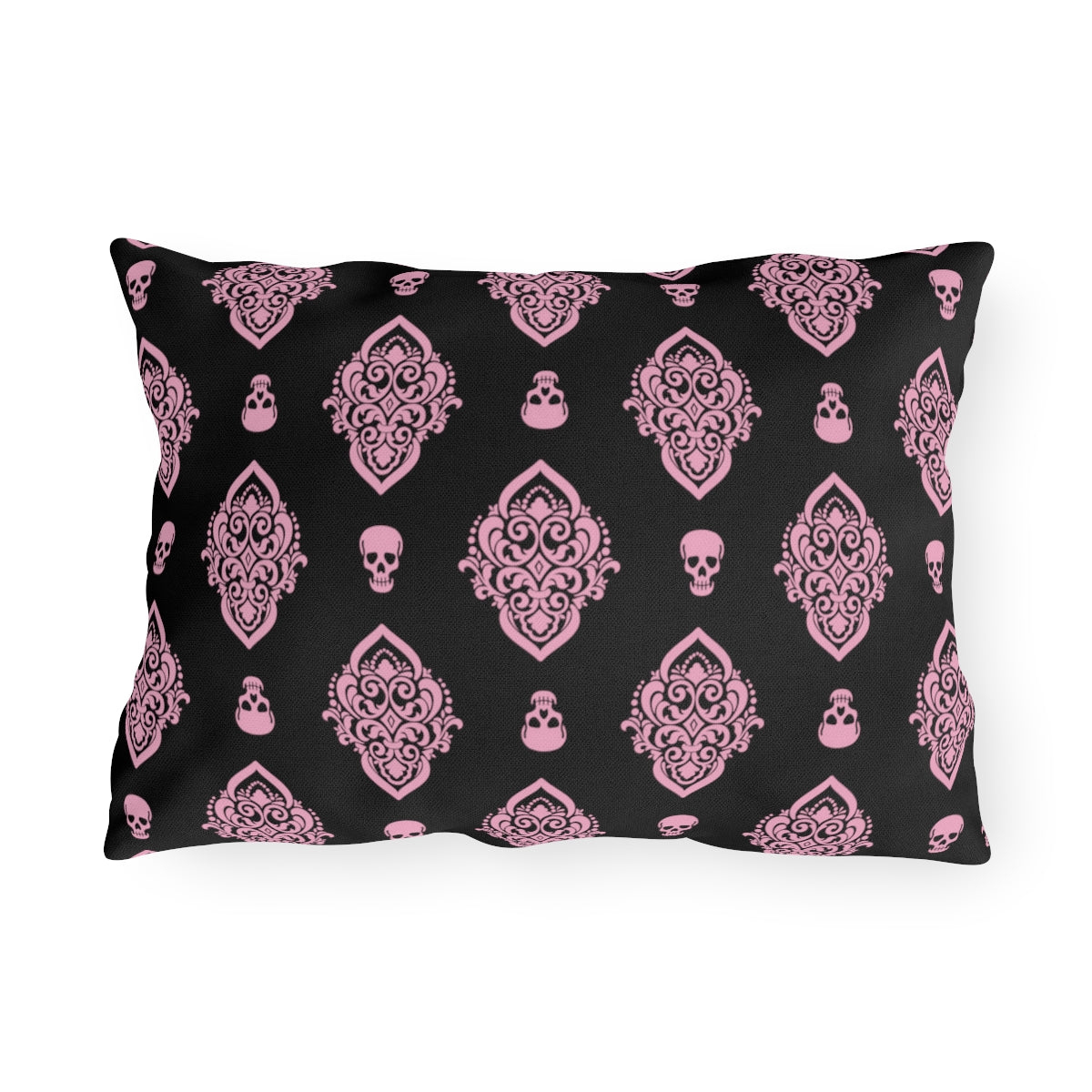 Pink and Black Skull Damask Outdoor Pillows