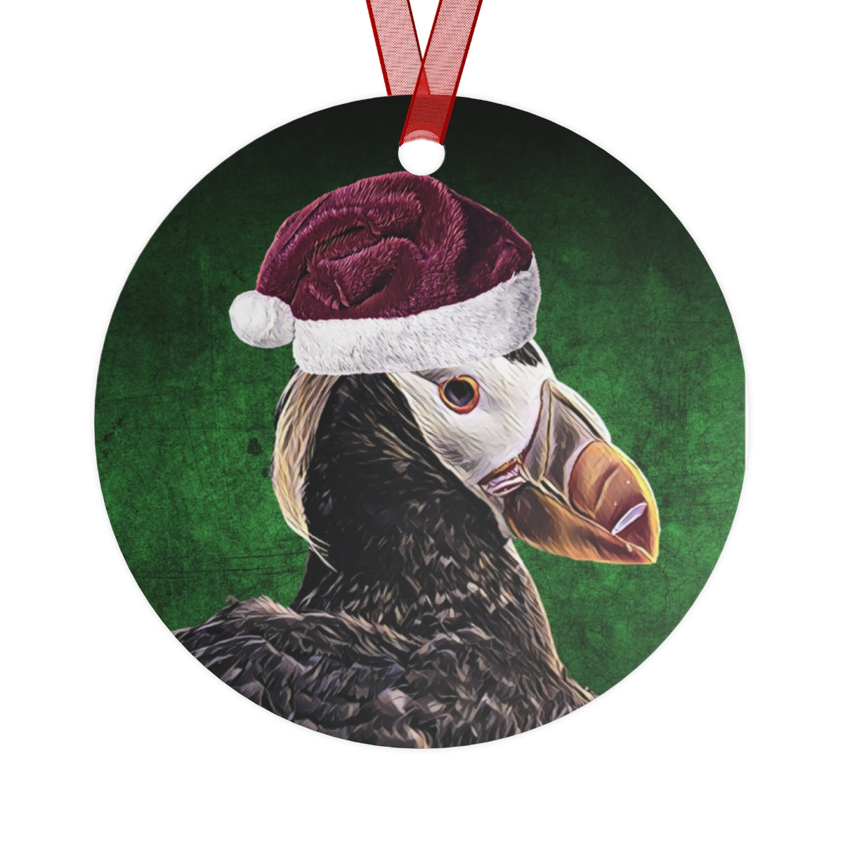 Holiday Tufted Puffin with Santa Hat Metal Ornaments