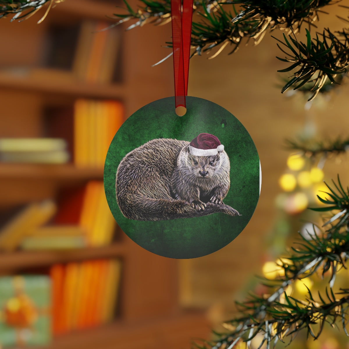 Holiday River Otter with Santa Hat Metal Ornaments