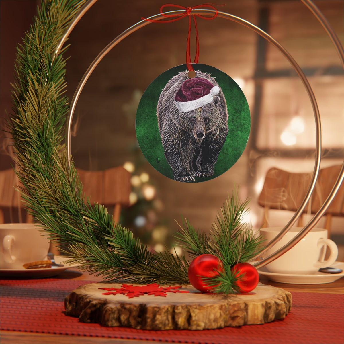 Holiday Bear with Santa Hat Metal Ornament
