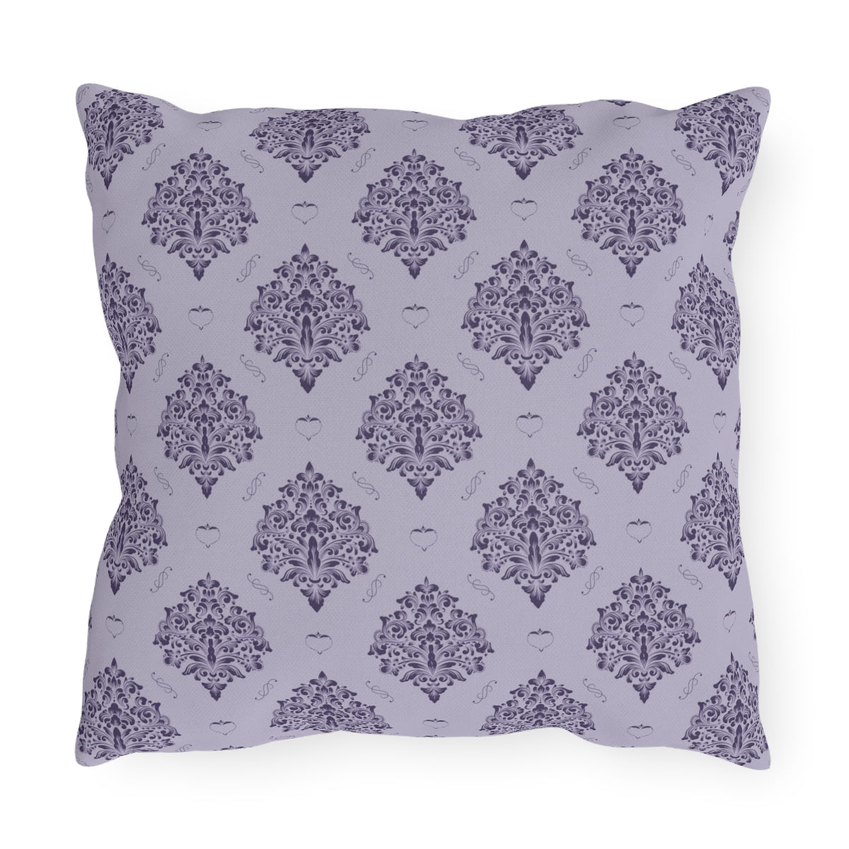 Purple Damask with Hearts on Heather Outdoor Pillows