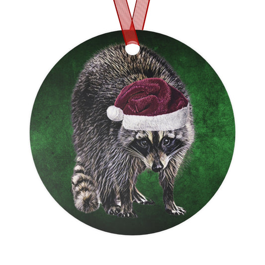Holiday Raccoon with Santa Hat Metal Ornaments