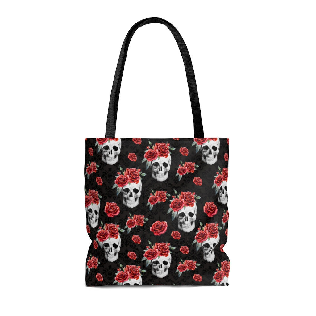 Red Rose and Skull Damask Tote Bag