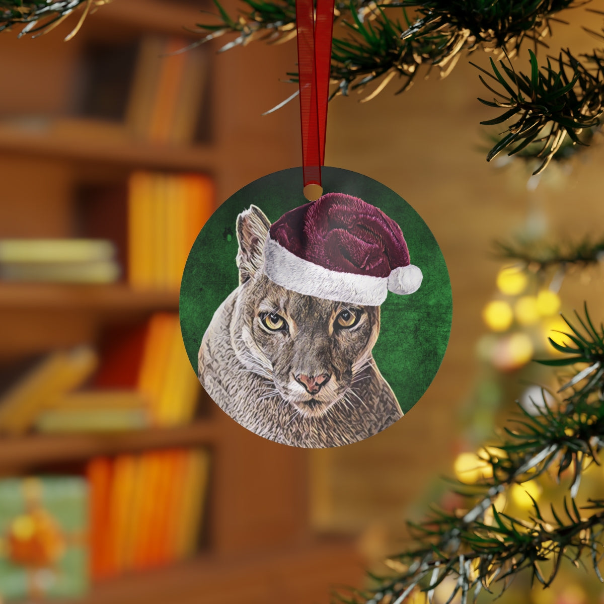 Holiday Cougar with Santa Hat Metal Ornaments