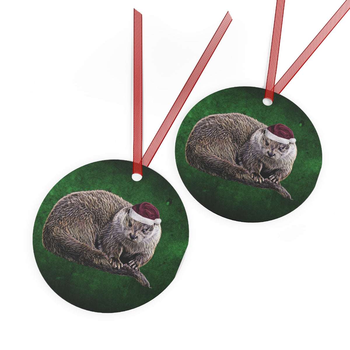 Holiday River Otter with Santa Hat Metal Ornaments