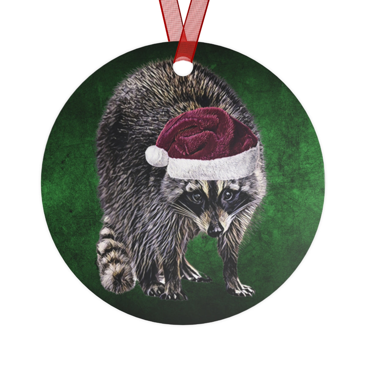 Holiday Raccoon with Santa Hat Metal Ornaments