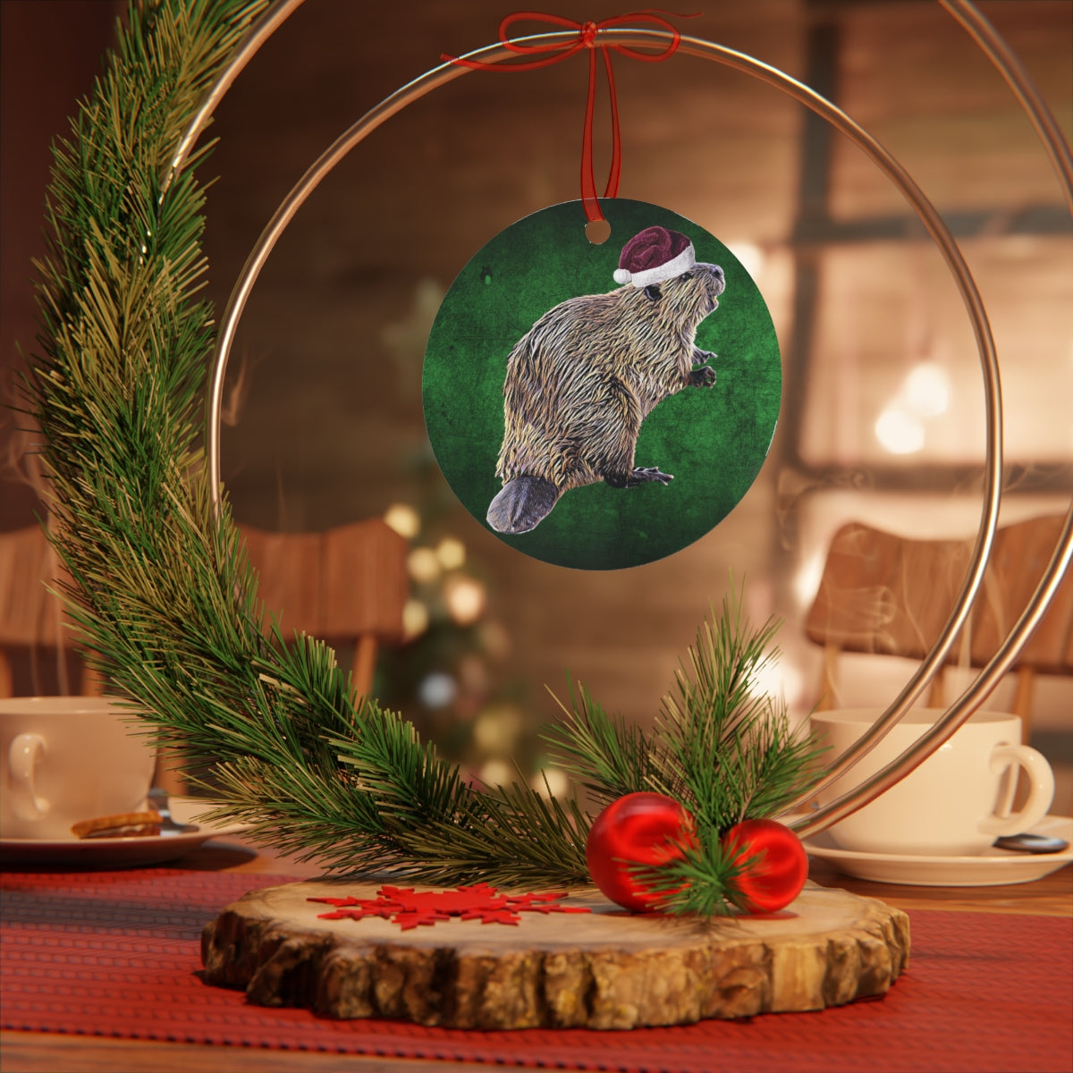 Holiday Beaver with Santa Hat Metal Ornaments