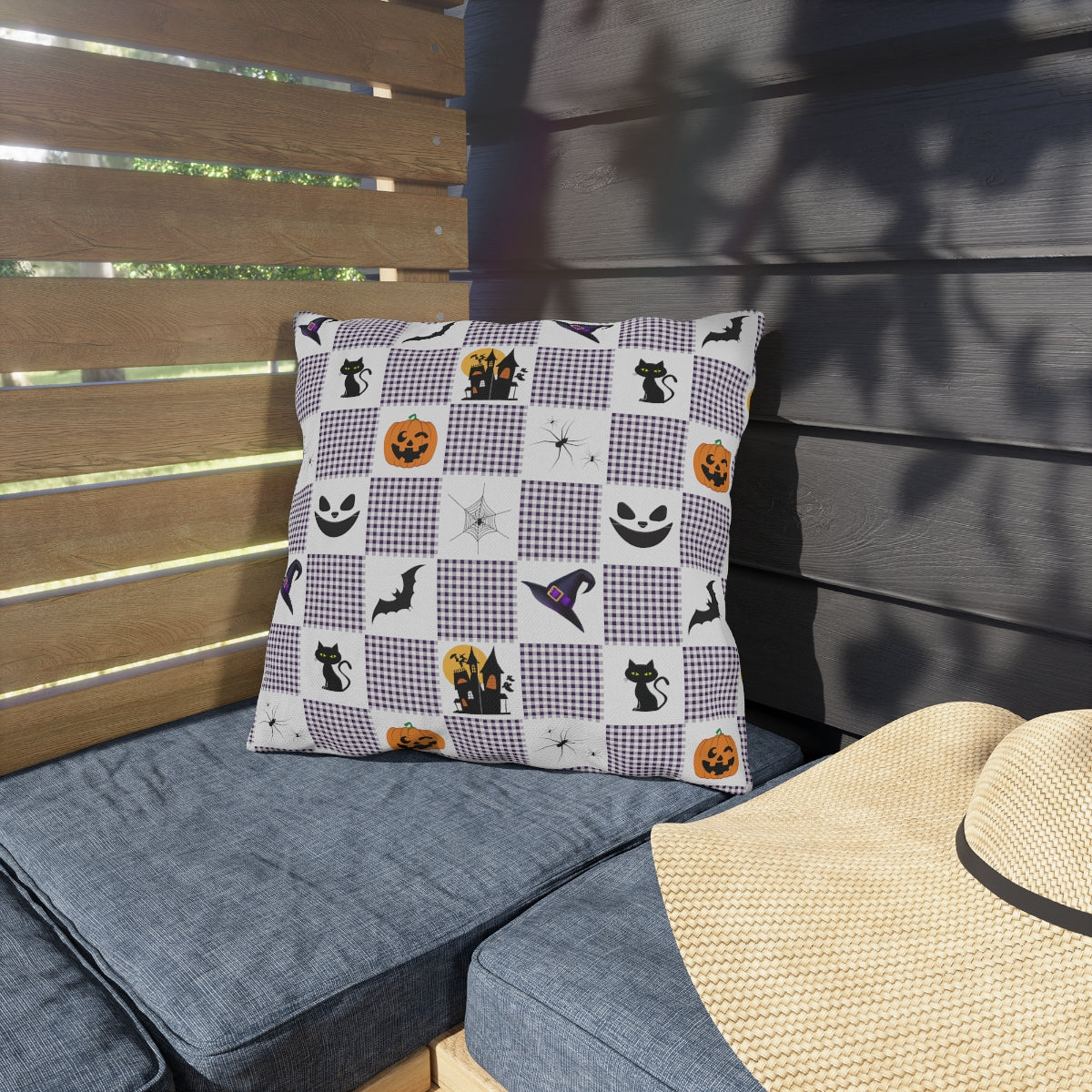 Halloween Purple Checked Outdoor Pillows