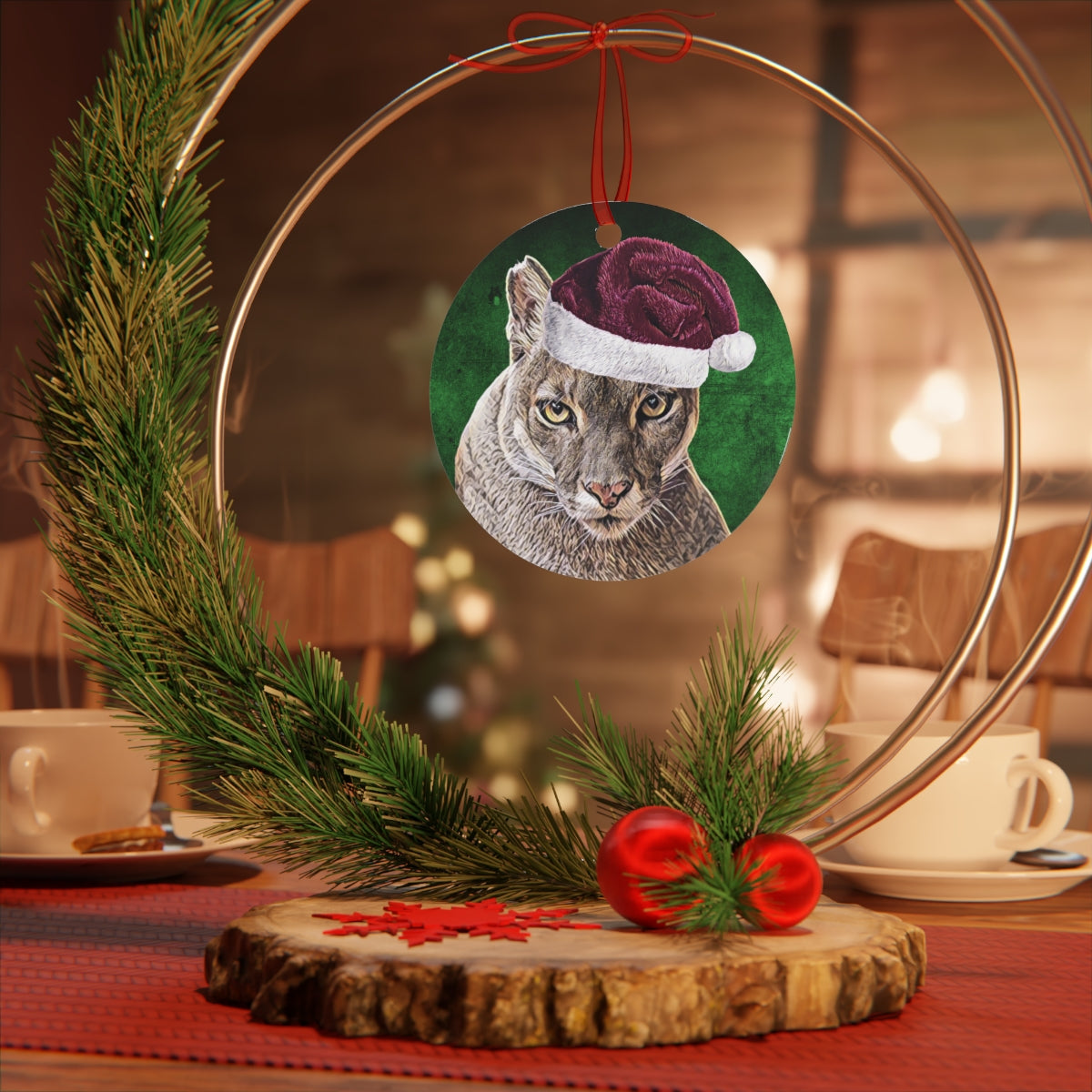 Holiday Cougar with Santa Hat Metal Ornaments