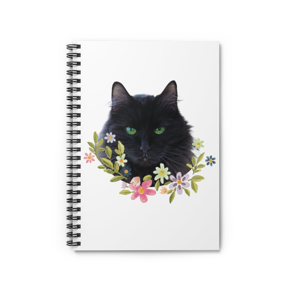 Floral Green Eyed Cat Spiral Notebook - Ruled Line