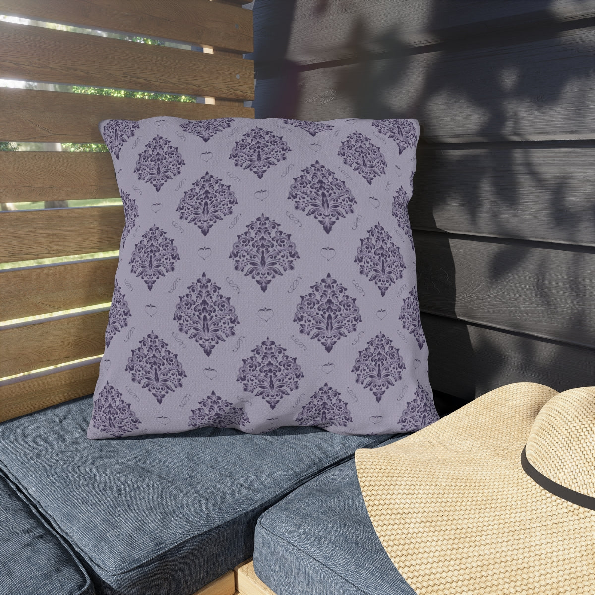 Purple Damask with Hearts on Heather Outdoor Pillows