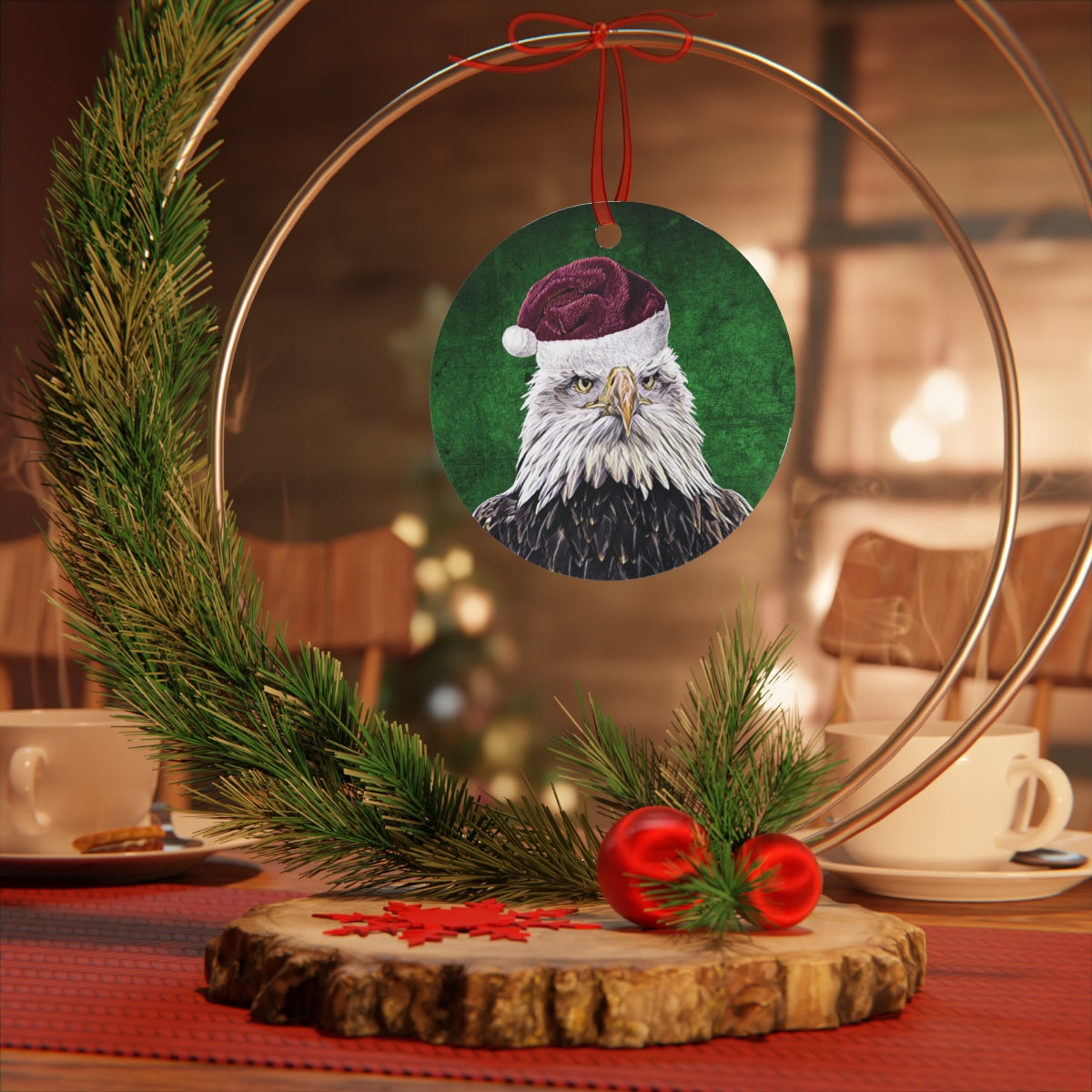 Holiday Bald Eagle with Santa Hat Metal Ornaments