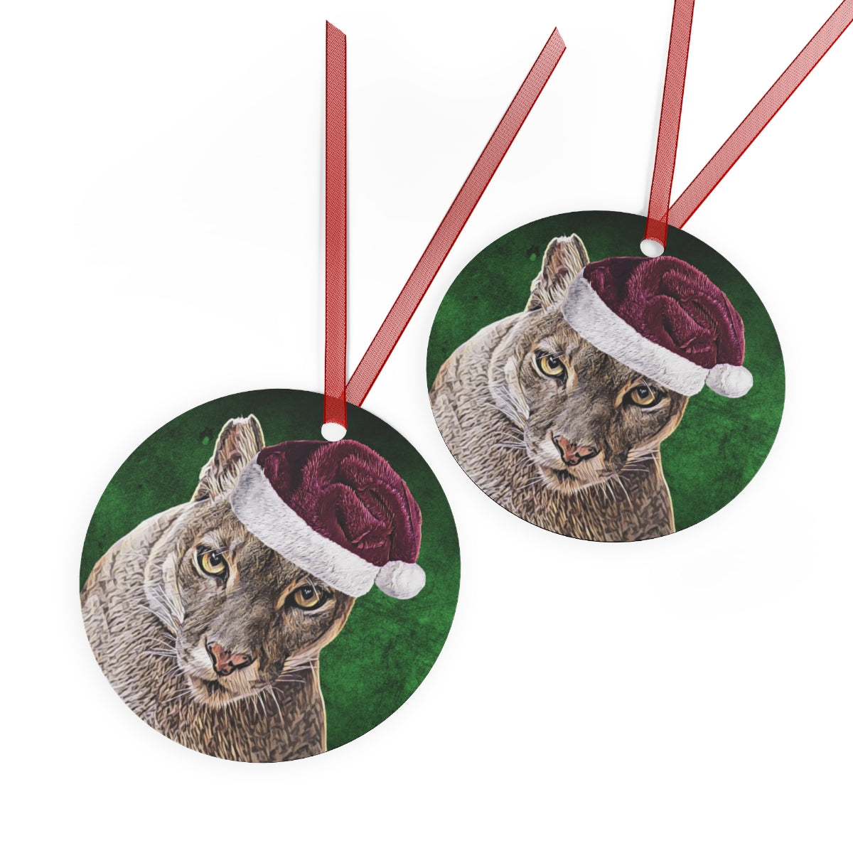 Holiday Cougar with Santa Hat Metal Ornaments