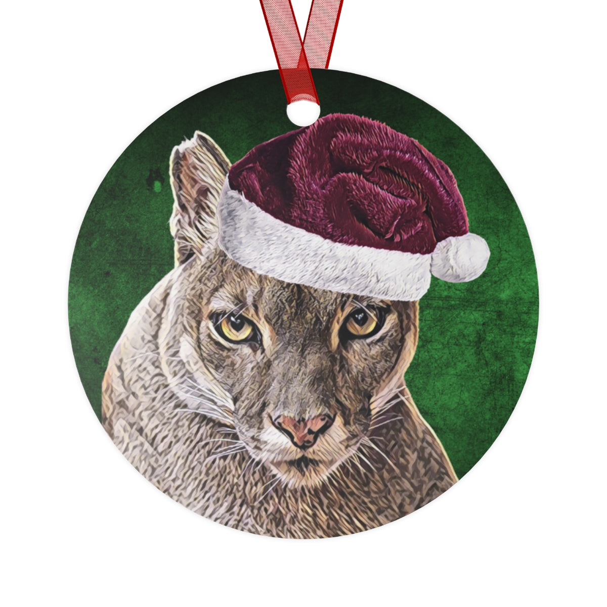 Holiday Cougar with Santa Hat Metal Ornaments